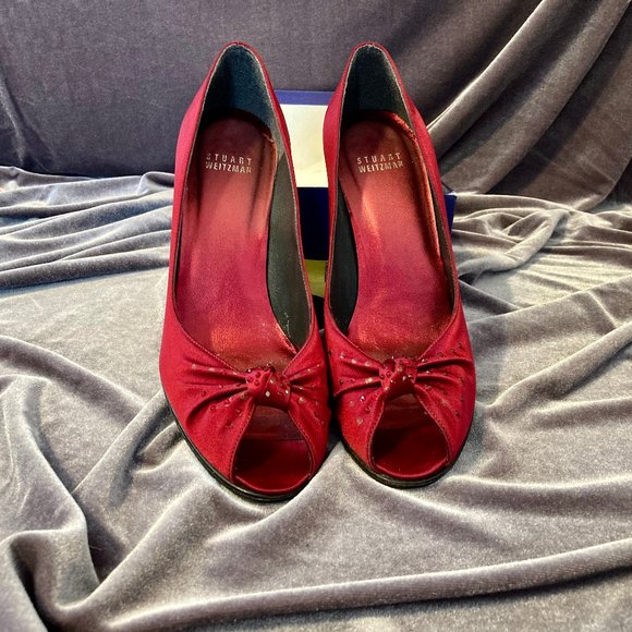 Stuart Weitzman Red Peep Toe Jeweled Heels - Picture 1 of 3